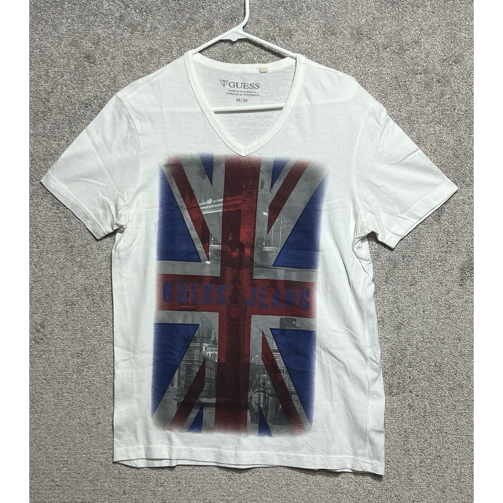 Vintage Guess Men's White‎ V-Neck T-Shirt Size M